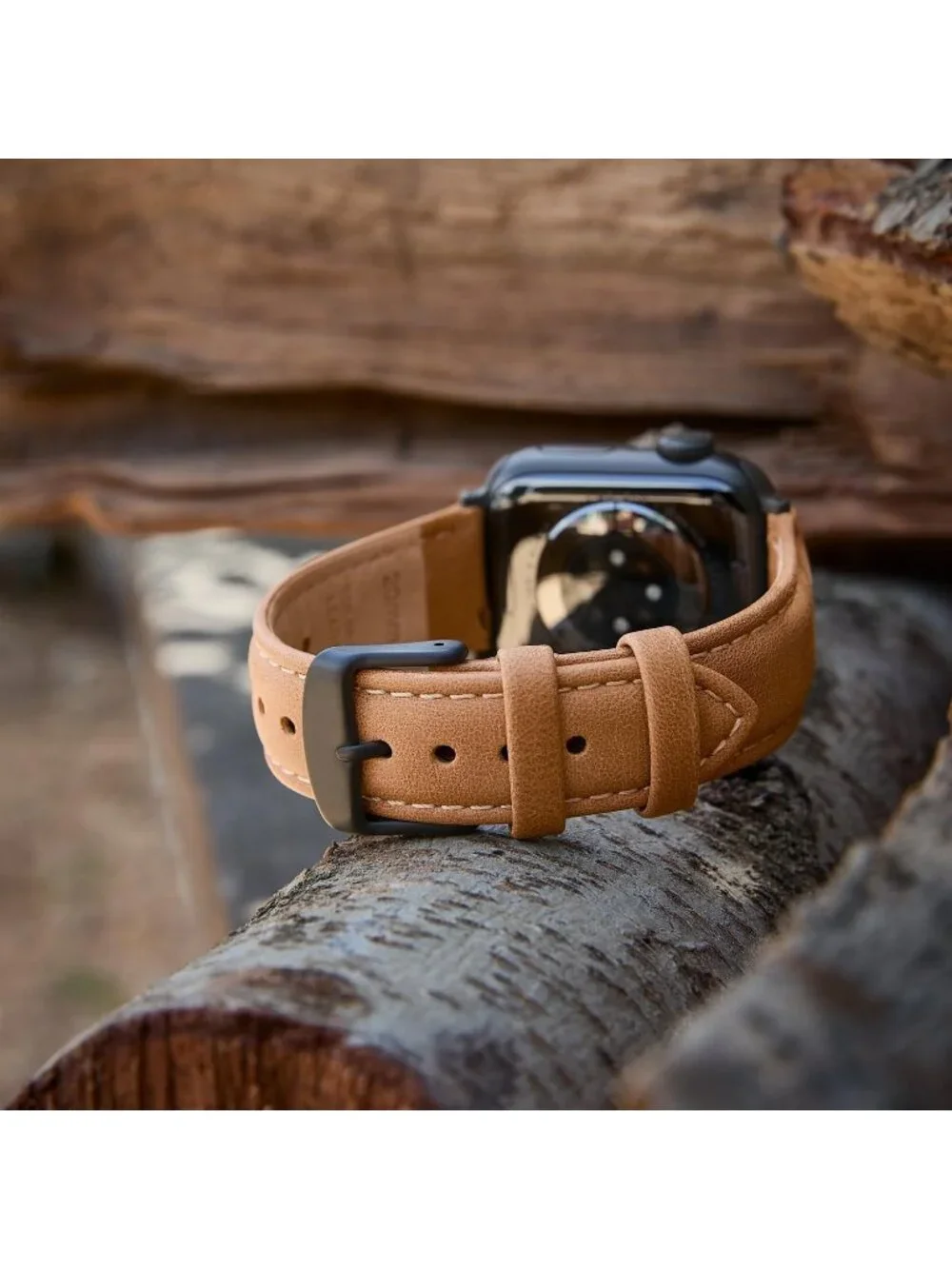 Men's Camel Tan/Natural Thread, Matte Gray Hardware Leather Straps Apple Watch